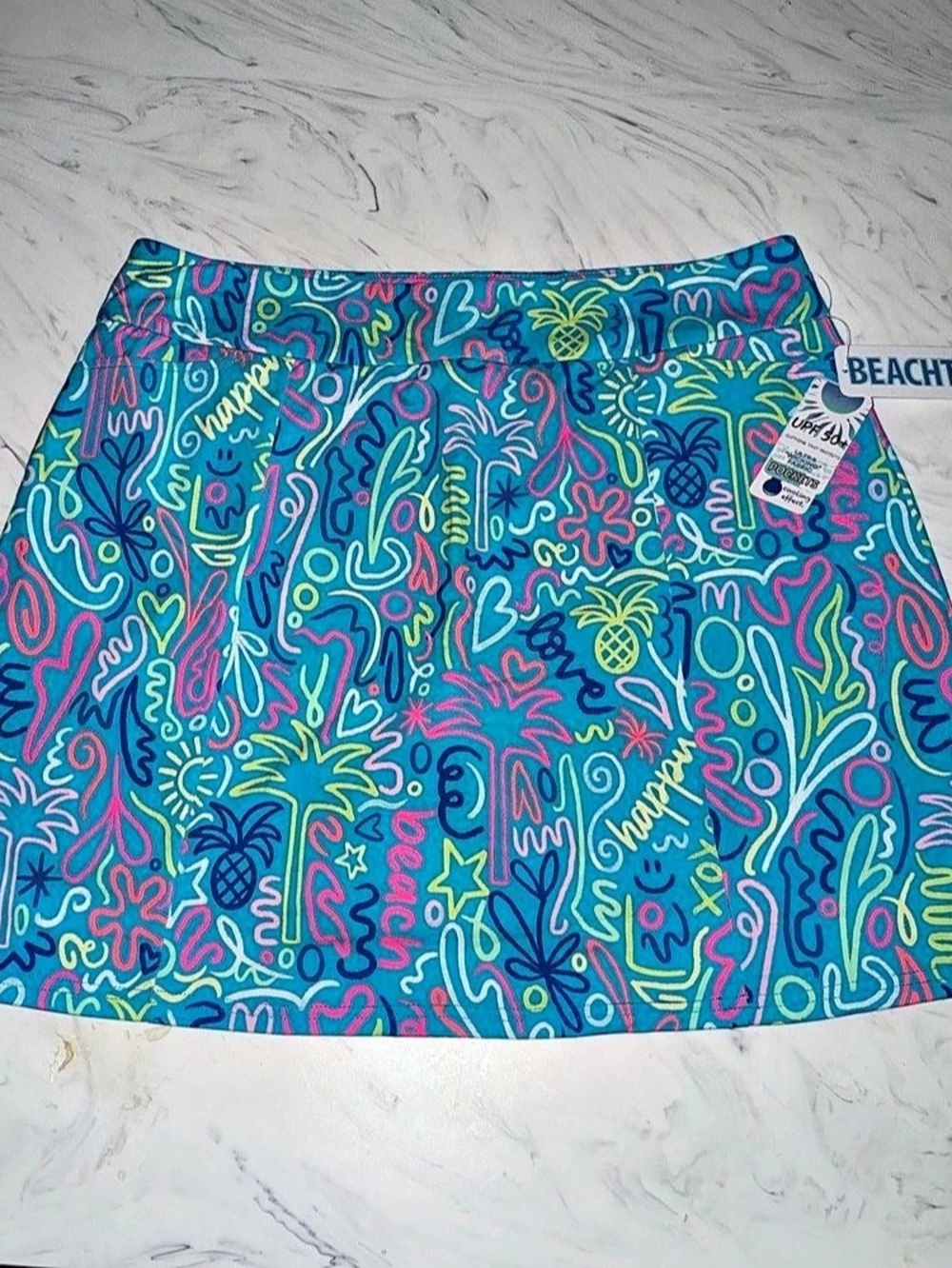 BEACH TIME Abstract Mini Skirt skort Blue & Pink XL NWT new pockets stretch ligh
